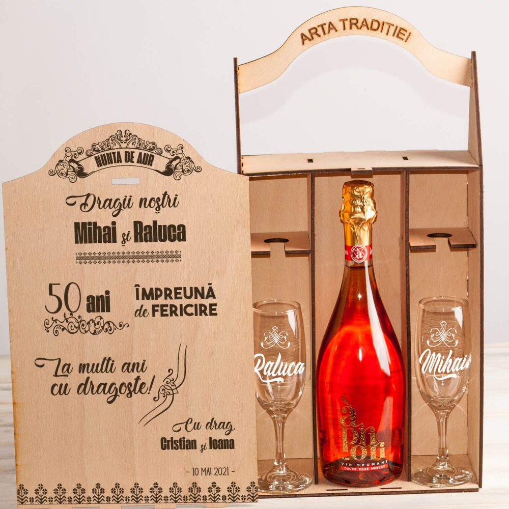 Set cutie șampanie sau vin "50 ani de Fericire"