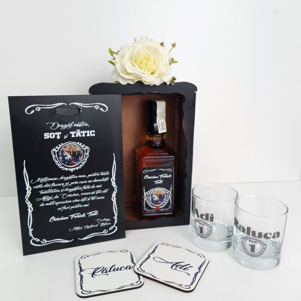 Set cadou personalizat whiskey deluxe - cadou soț și tătic - loialitate si dragoste