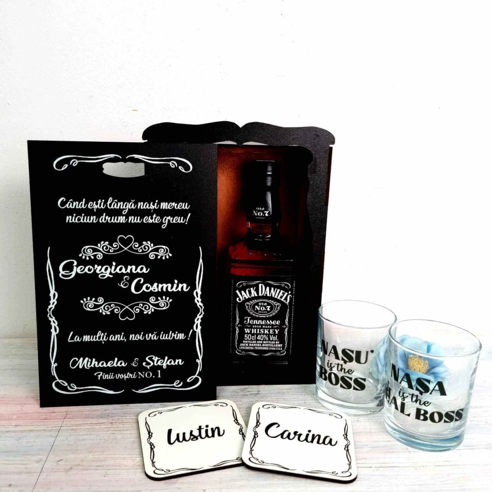 Set cadou personalizat whiskey deluxe – Mulțumire nași – Când ești lângă nași
