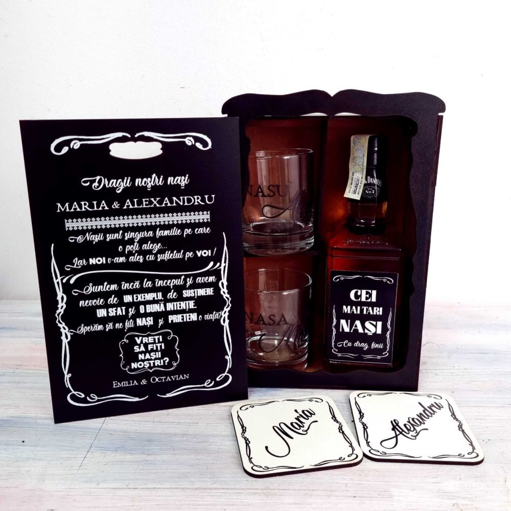 Set cadou personalizat whiskey deluxe – Mulțumire nași - Căsnicia pe care ne-am dorit-o