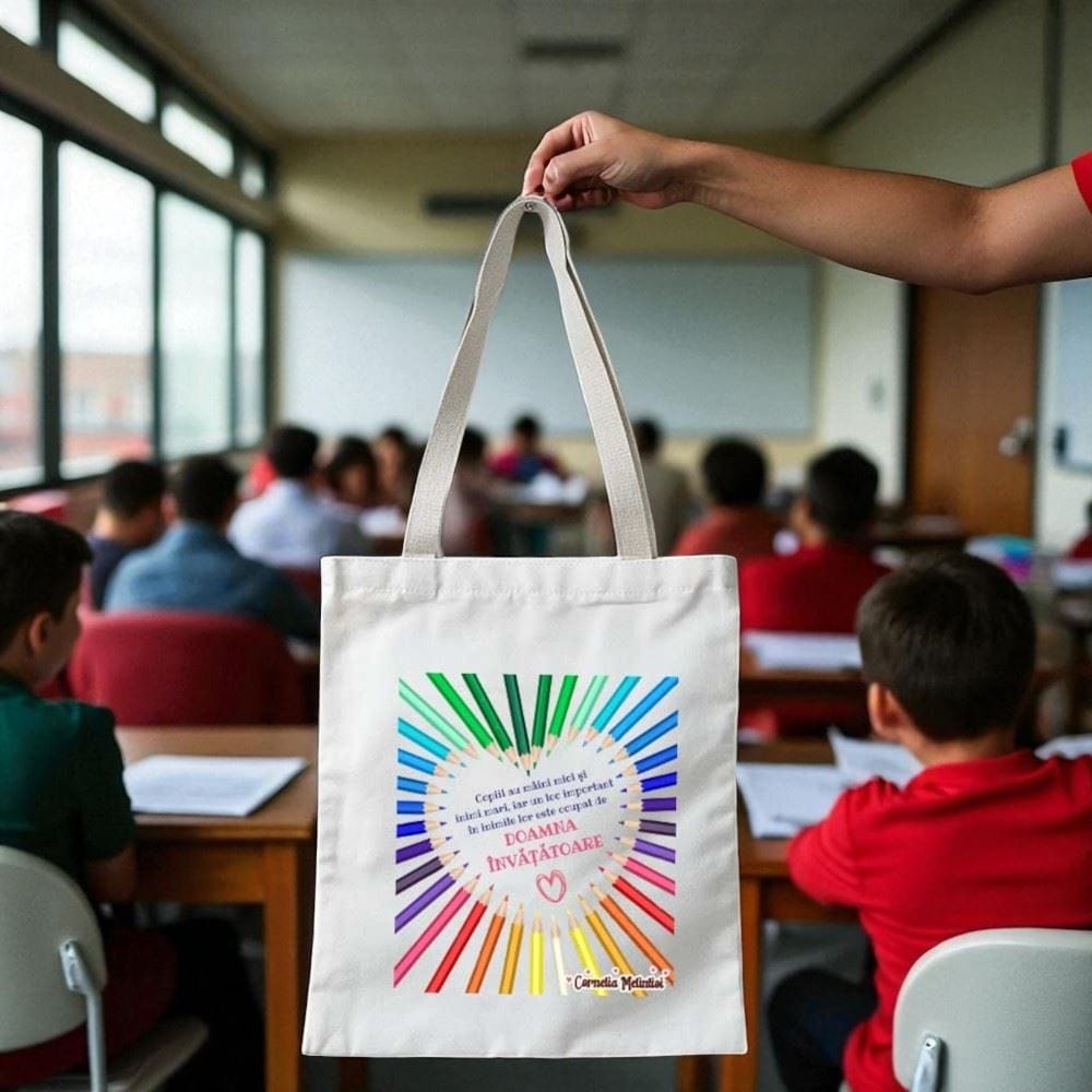 plasuta personalizata invatatoare -creioane colorate-Arta Traditiei