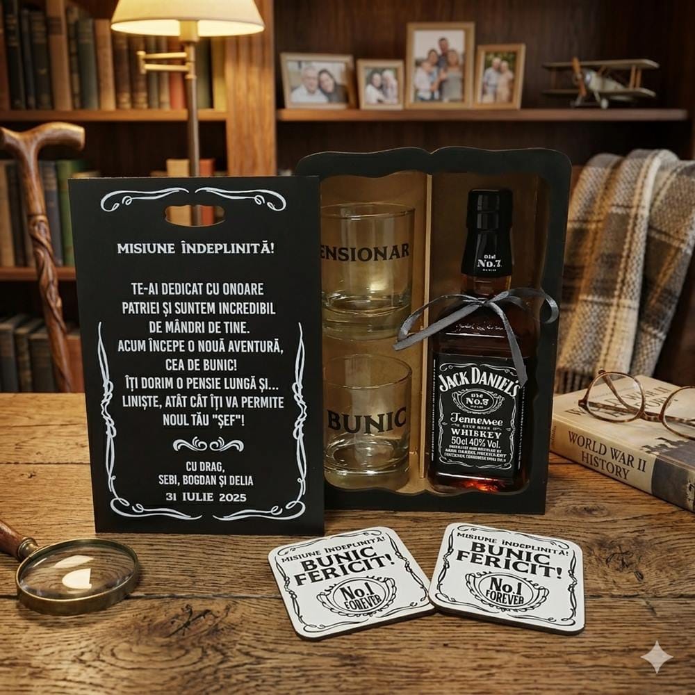 Set whiskey cadou pensionare - Misiune indeplinita